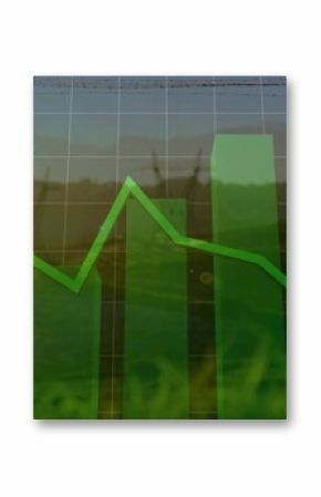 Green bar chart and line graph hovering over rural grass field and turbines, with grid lines
