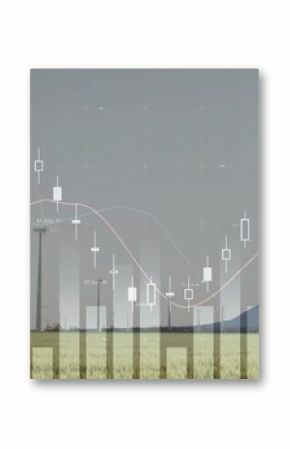 Towering white wind turbines spanning crop field in foothills, with candlestick, bar graph overlays