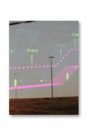 Displaying candlestick overlay on wind farm with turbines, showing pink trend line and data labels