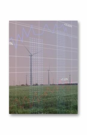 Displaying large white wind turbine spinning in green field, with line graph overlay, copy space