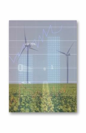 Spinning wind turbine over farmland with yellow blooms, financial charts and percentage labels