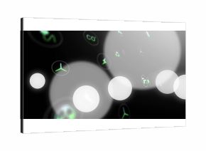 Hovering cluster of translucent bokeh circles in dark void, with neon-green sustainability icons