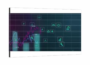 Displaying dashboard showing magenta-light-blue graphs, teal bars with % labels on grid, with icons