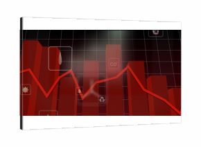 Displaying red 3D bar chart showing fluctuations on dashboard with droplet CO2 recycling sun icons