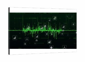 Showing dark screen with green waveform on dashboard, with financial and renewable icons