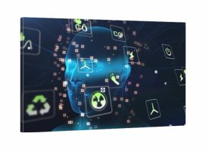 Digital human head glowing with point clusters in network space, with energy environment icons