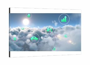 Floating green electric car icon in high-altitude sky above clouds, with sustainability symbols
