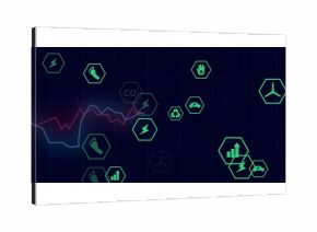 Displaying neon green hex icons and red and blue graphs on data dashboard, with energy metrics