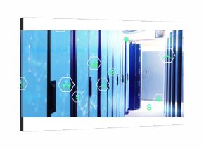Highlighting blue-lit server racks lining data center aisle, with floating hexagonal digital icons