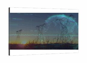 Silhouetting steel lattice tower with power lines at sunset in grassy field, with data overlays