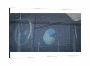 Displaying wind turbines under holographic interface at wind farm, showing circular gauge or pie-cha
