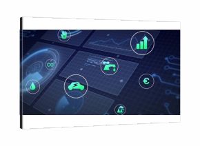 Displaying translucent holographic panels on dark blue grid, with environmental energy icons