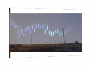 Nearest wind turbine on right side generating bar-line graph overlays on grassy field, copy space