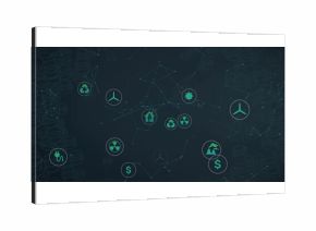 Glowing sustainability icons linking over network, with recycling wind turbine and nuclear symbols
