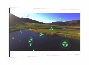 Floating green eco tech icons drifting over rural pond and grassy hills, showing energy symbols