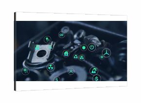 Highlighting gearbox components with hovering green energy icons inside workshop, renewable energy