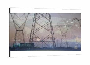 Showing high-voltage lattice tower transmitting power over plain at dusk, with digital data overlay