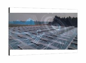 Extending rows solar panels on rack mounts over rural grassy ground, displaying data overlays