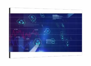 Displaying data overlay undulating on dashboard with red and blue charts, percent labels, hex icons
