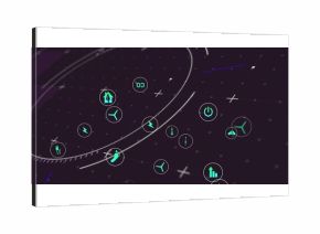 Floating cluster of green circular energy icons in virtual network space, showing renewable data