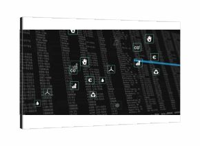 Displaying network of floating CO2, euro, recycling icons in virtual dashboard with blue lines