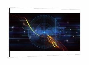Radiating glowing core hub projecting numeric rings in digital space with energy streak