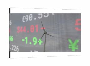 Spinning wind turbine appearing over LED ticker backdrop, with currency symbols, stock prices