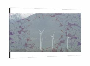 Towering white wind turbines standing on hilly slope, with purple and rust digital network overlay