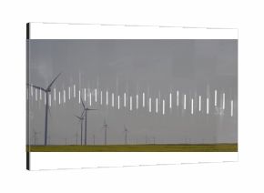 Featuring group of white wind turbines rotating on grassy plain under grey sky, with data overlay