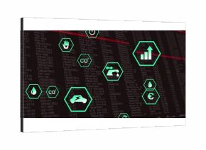 Displaying green hexagonal environmental icons on dark digital dashboard, with energy metrics