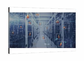 Streaming binary code across long server racks corridor inside data center, displaying energy icons