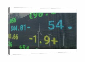 Three wind turbines standing at foothills, with LED ticker showing prices and currency symbols
