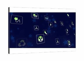 Floating semi-transparent tiles drifting across blue backdrop, highlighting green energy symbols