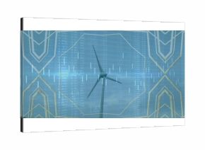 Showing wind turbine standing under cloudy sky, with numerical tables, chart lines, polygon frames