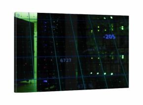 Server racks streaming metrics on digital grid overlay in data center, with blinking LED indicators