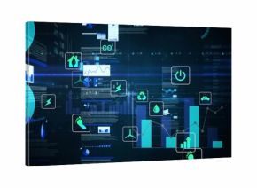 Showing floating CO2 and recycling icons with trend charts on dashboard, tracking sustainability