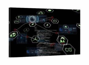Displaying hexagonal energy cluster floating in virtual dashboard, with white lines and red nodes