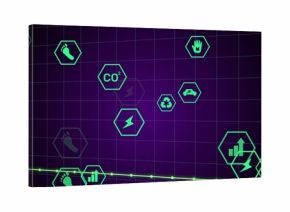 Presenting neon green line graph and hex icons tracking sustainability on purple grid