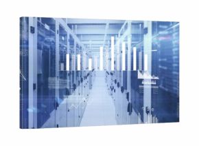 Highlighting data center aisle featuring server racks, raised floor tiles and analytics overlays