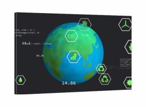 Displaying 3D globe rotating on virtual UI, featuring hex icons, climate metrics and code snippets
