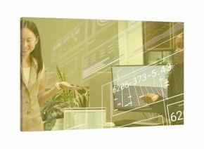 Asian female and colleagues gesturing at office desk, reviewing renewable energy data on monitors