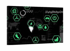 Displaying 3D globe highlighting Americas on virtual dashboard with neon green hex icons, graphs