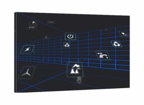 Glowing central neon-blue grid corridor drawing viewer into virtual 3D space, showing energy icons