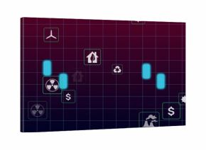 Displaying cyan glow bar cluster and teal energy icons on gridded dashboard, wind turbine visible