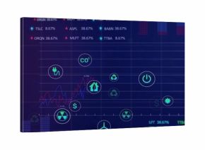 Displaying analytics dashboard with glowing line chart, grid and neon energy icons on screen