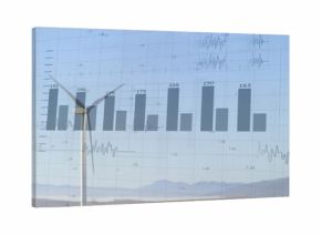 Displaying white three-blade wind turbine rising on dry plain, with grid bar chart labels waves