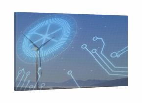 Standing utility-scale wind turbine rotating on arid plain with circular HUD overlay