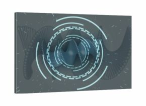 Rotating concentric HUD rings forming virtual interface at center, showing beaded helical ribbon