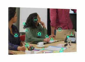 Discussing team presenting energy plans at meeting table with laptops, eco icons, leader in maroon