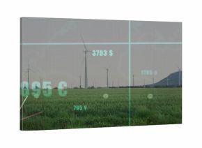 Displaying wind farm showing spinning turbines on grassy plain, teal HUD, € $ ¥, red pointer